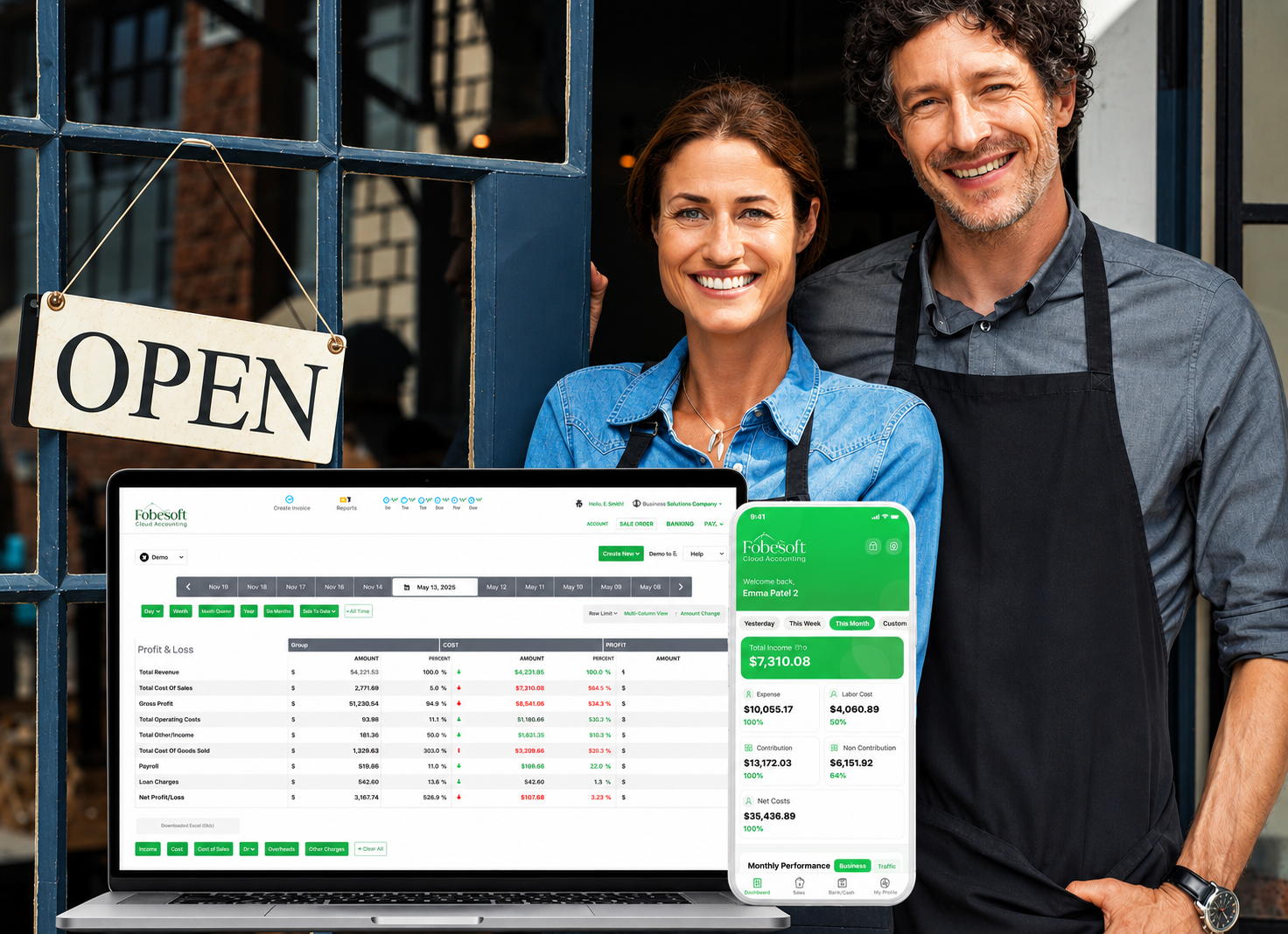 Restaurant owner reviewing FobeSoft dashboard on laptop and phone